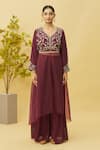 Buy_Samyukta Singhania_Maroon Kurta  Dola Silk And Semi Organza Embroidered Floral V Neck & Palazzo Set _Online_at_Aza_Fashions