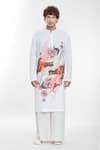 Anamika Khanna_White Linen Printed Artwork Kurta _Online_at_Aza_Fashions