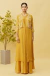 Buy_Samyukta Singhania_Yellow Kurta Opara Silk Embroidered Cutdana Jacket Open Embellished Skirt Set _Online_at_Aza_Fashions