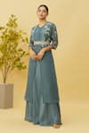 Shop_Samyukta Singhania_Blue Kurta Opara Silk Embroidered Sequin Floral Bel Embellished Skirt Set _Online_at_Aza_Fashions