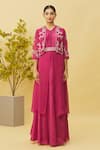 Buy_Samyukta Singhania_Magenta Kurta Opara Silk Embroidered Cutdana Jacket Open Floral Skirt Set _Online_at_Aza_Fashions