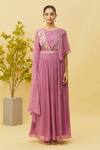 Samyukta Singhania_Purple Chinnon Embroidered Cutdana Round Floral Draped Gown _Online_at_Aza_Fashions