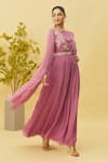 Shop_Samyukta Singhania_Purple Chinnon Embroidered Cutdana Round Floral Draped Gown _Online_at_Aza_Fashions