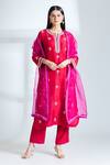 Buy_Anushree Reddy_Red Silk, Chiffon Embroidery Split V-neck Floral Kurta Pant Set_at_Aza_Fashions