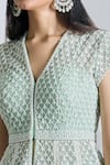 Shop_Anushree Reddy_Green Net Pearls, Sequins V-neck Mughal Embroidered Peplum Jacket And Lehenga Set_Online_at_Aza_Fashions