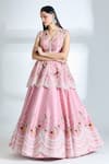 Buy_Anushree Reddy_Pink Raw Silk Embroidered Pearl V Neck Airah Peplum Jacket And Lehenga Set _at_Aza_Fashions