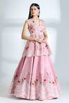 Shop_Anushree Reddy_Pink Raw Silk Embroidered Pearl V Neck Airah Peplum Jacket And Lehenga Set _Online_at_Aza_Fashions