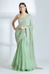 Buy_Anushree Reddy_Green Chiffon Embroidered Floral Square Sequin Pre-draped Saree With Blouse _at_Aza_Fashions