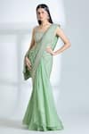 Anushree Reddy_Green Chiffon Embroidered Floral Square Sequin Pre-draped Saree With Blouse _Online_at_Aza_Fashions