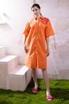 Buy_The White Tree Studio_Orange Organic Cotton Poplin Printed Petal Pop Collar Furaha Shirt Dress_at_Aza_Fashions