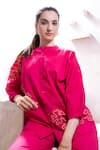 Shop_The White Tree Studio_Magenta Organic Cotton Poplin Embroidery Raysa Floral Top And Flared Pant Set _at_Aza_Fashions