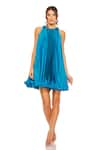 Mac Duggal_Blue Polyester Solid Halter Pleated Short Dress _Online_at_Aza_Fashions