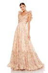 Buy_Mac Duggal_Peach Chiffon Printed Floral V Neck Tiered Gown _at_Aza_Fashions