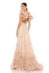 Shop_Mac Duggal_Peach Chiffon Printed Floral V Neck Tiered Gown _at_Aza_Fashions