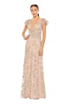 Buy_Mac Duggal_Peach Polyester Applique Hand Embroidered Floral V Neck Gown _at_Aza_Fashions