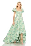 Buy_Mac Duggal_Green Polyester Printed Floral Square Neck High-low Gown _at_Aza_Fashions