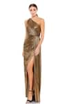 Buy_Mac Duggal_Gold Polyester Ruched Asymmetric Grecian Metallic Draped Dress _at_Aza_Fashions