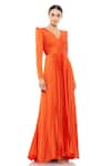 Buy_Mac Duggal_Orange Polyester Pleats V Neck Gown _at_Aza_Fashions