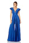 Buy_Mac Duggal_Blue Polyester Ruffles Plunge Neck Cap Sleeve Pleated Jumpsuit _at_Aza_Fashions