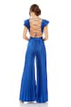 Shop_Mac Duggal_Blue Polyester Ruffles Plunge Neck Cap Sleeve Pleated Jumpsuit _at_Aza_Fashions