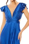 Mac Duggal_Blue Polyester Ruffles Plunge Neck Cap Sleeve Pleated Jumpsuit _Online_at_Aza_Fashions