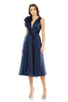 Buy_Mac Duggal_Blue Chiffon Rosette Plunge V A-line Midi Dress_at_Aza_Fashions