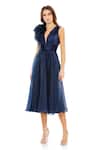 Mac Duggal_Blue Chiffon Rosette Plunge V A-line Midi Dress_Online_at_Aza_Fashions