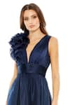 Buy_Mac Duggal_Blue Chiffon Rosette Plunge V A-line Midi Dress_Online_at_Aza_Fashions