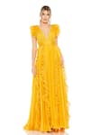 Buy_Mac Duggal_Yellow Chiffon Ruffles Plunge V Cap Sleeve A-line Gown _at_Aza_Fashions