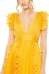 Mac Duggal_Yellow Chiffon Ruffles Plunge V Cap Sleeve A-line Gown _Online_at_Aza_Fashions