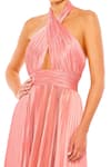 Mac Duggal_Pink Satin Plain Criss Cross Asymmetric Gown _Online_at_Aza_Fashions