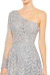 Mac Duggal_Grey Net Embroidery Sequins Asymmetric Neck Hand Stitched Work Gown _Online_at_Aza_Fashions