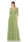 Buy_Mac Duggal_Green Mesh(100% Polyester) Embroidery Trumpet Vine V Neck Empire Waist Gown _at_Aza_Fashions