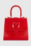 Mac Duggal_Red Crocodile Textured Embossed Leather Top Handle Medium Bag _Online_at_Aza_Fashions