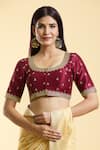 Samyukta Singhania_Maroon Mulberry Silk Embroidery Ditsy Flora Round Neck Blouse _Online_at_Aza_Fashions