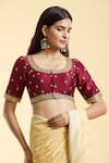 Buy_Samyukta Singhania_Maroon Mulberry Silk Embroidery Ditsy Flora Round Neck Blouse _Online_at_Aza_Fashions