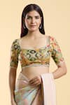 Buy_Nazaakat by Samara Singh_Gold Brocade Printed Lace Plunge Detailed Blouse_at_Aza_Fashions