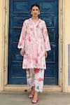 Sage Saga_Pink Lawn Cotton Printed Floral V Neck Straight Kurta Set _Online_at_Aza_Fashions