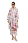 Sage Saga_Blue Lawn Cotton Printed Botanical V Neck Kurta Set _at_Aza_Fashions