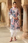 Buy_Sage Saga_Grey Lawn Cotton Printed Botanical Notched Round Kurta Palazzo Set _at_Aza_Fashions