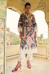 Sage Saga_Grey Lawn Cotton Printed Botanical Notched Round Kurta Palazzo Set _Online_at_Aza_Fashions