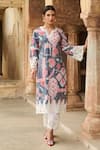 Buy_Sage Saga_Grey Lawn Cotton Printed Botanical Notched Round Kurta Palazzo Set _Online_at_Aza_Fashions