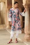 Sage Saga_Grey Lawn Cotton Printed Botanical Notched Round Kurta Palazzo Set _at_Aza_Fashions