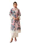 Buy_Sage Saga_Grey Lawn Cotton Printed Botanical Notched Round Kurta Palazzo Set 