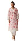 Sage Saga_Pink Lawn Cotton Printed Botanical Notched Round Straight Kurta Palazzo Set _Online_at_Aza_Fashions