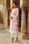 Sage Saga_Pink Lawn Cotton Printed Botanical Notched Round Straight Kurta Palazzo Set _at_Aza_Fashions