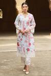 Buy_Sage Saga_Blue Lawn Cotton Printed Flower Notched Round Kurta Set _Online_at_Aza_Fashions