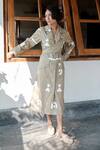 Buy_The Terra Tribe_Beige Organic Cotton Printed Triangle Lapel Collar Trench Coat_at_Aza_Fashions