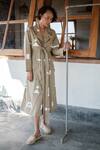Shop_The Terra Tribe_Beige Organic Cotton Printed Triangle Lapel Collar Trench Coat_at_Aza_Fashions