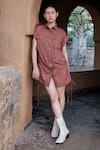 Buy_The Terra Tribe_Brown Organic Cotton Solid Collared Sunrise Gathered Shirt Dress _at_Aza_Fashions